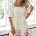 Beige Floral Print Puff Sleeve Babydoll Dress - Damesmode Afbeelding 3 - Foto 3