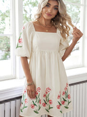 Beige blommönster med puffärmar babydoll-klänning - Dammode Bild 3 - Miniatuur