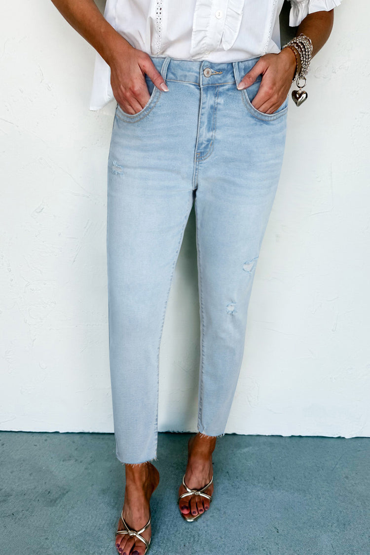 Beau Blue Mid Rise Ankle-Length Distressed Skinny Jeans - Damesmode Afbeelding 1 - Damesmode