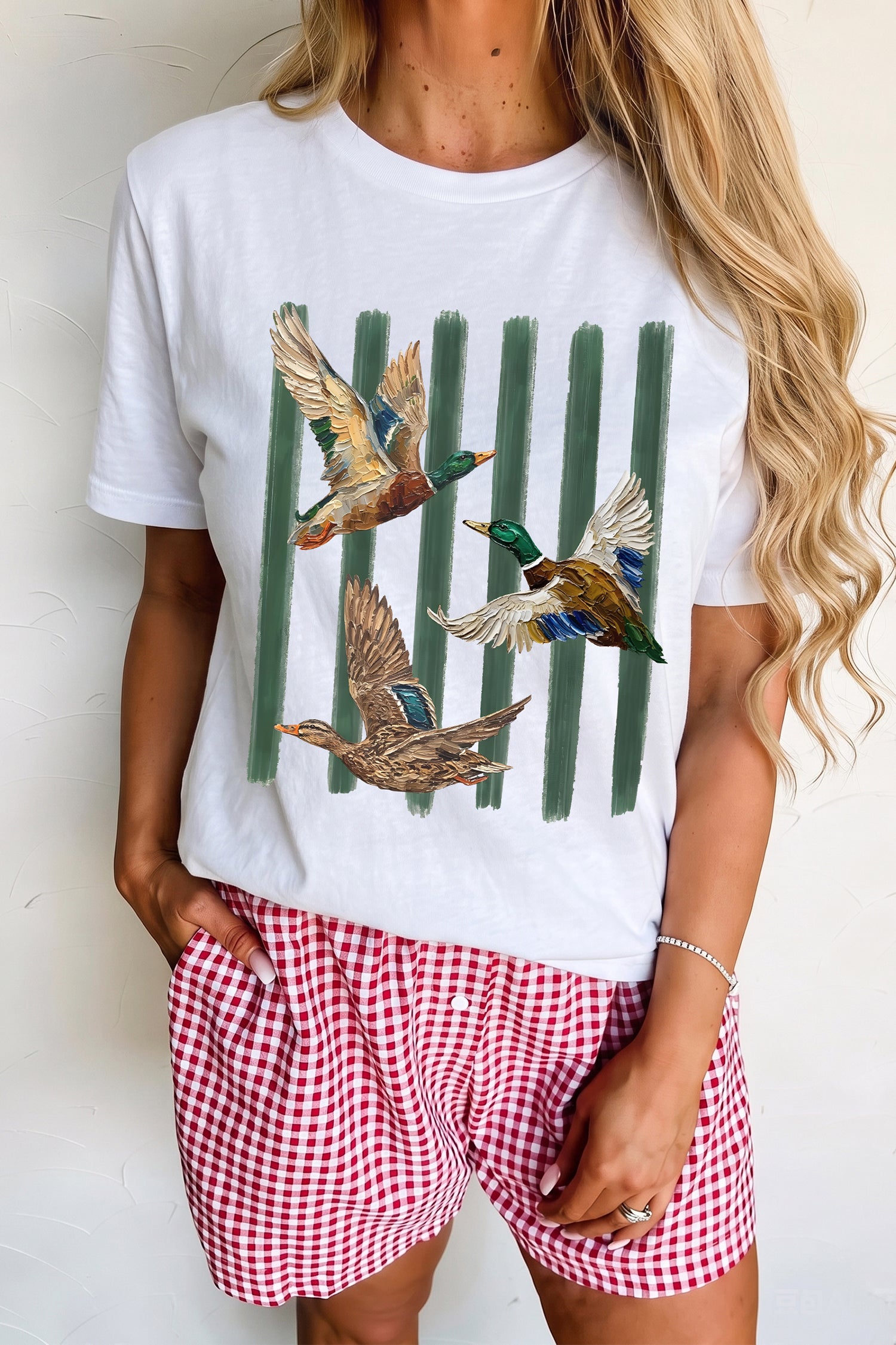Hvide Western Mallard Stripes Printet Grafisk Rund Hals Casual T-shirt