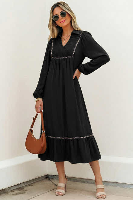Black Collared V Neck Smocked Detail Contrast Leopard Trim Bracelet Sleeve Long Dress - Damesmode Afbeelding 1
