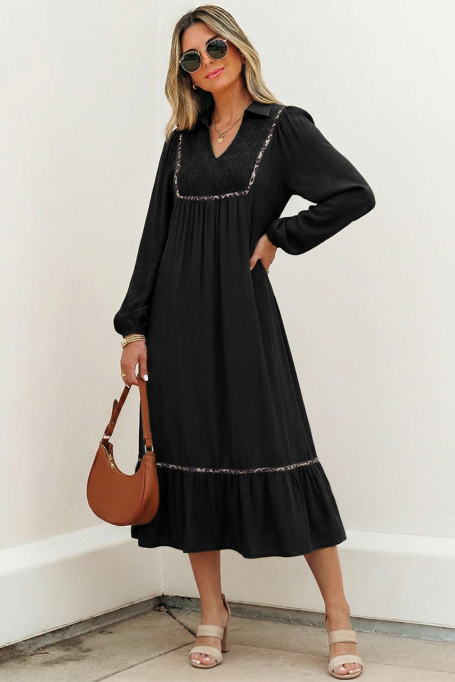 Black Collared V Neck Smocked Detail Contrast Leopard Trim Bracelet Sleeve Long Dress - Damesmode Afbeelding 1