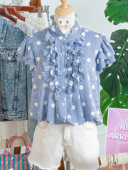 Camisa de manga plissada com folhos com riscas azul celeste, riscas contrastadas e bolinhas - Miniatuur