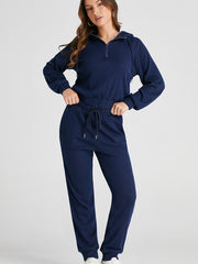 Ensemble de sweat à capuche courte en maille côtelée bleu marine et pantalons de jogging à cordon - Miniatuur