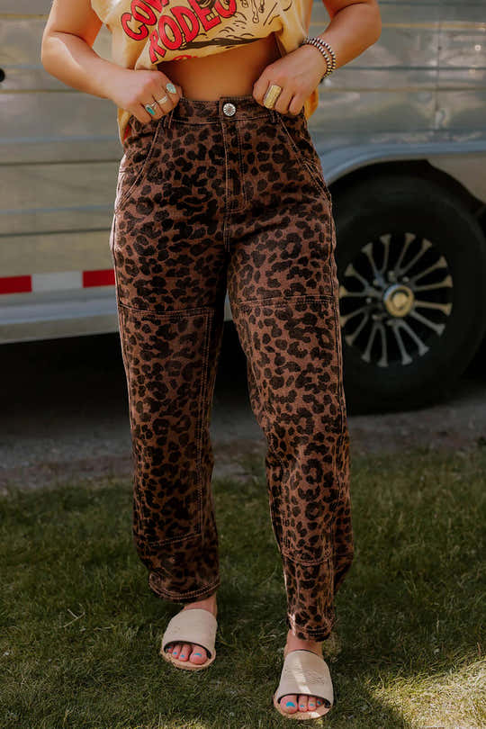 Vaqueros de barril de estampado de leopardo con costura marrón transparente y detalle de costura transparente - Damesmode Afbeelding 1