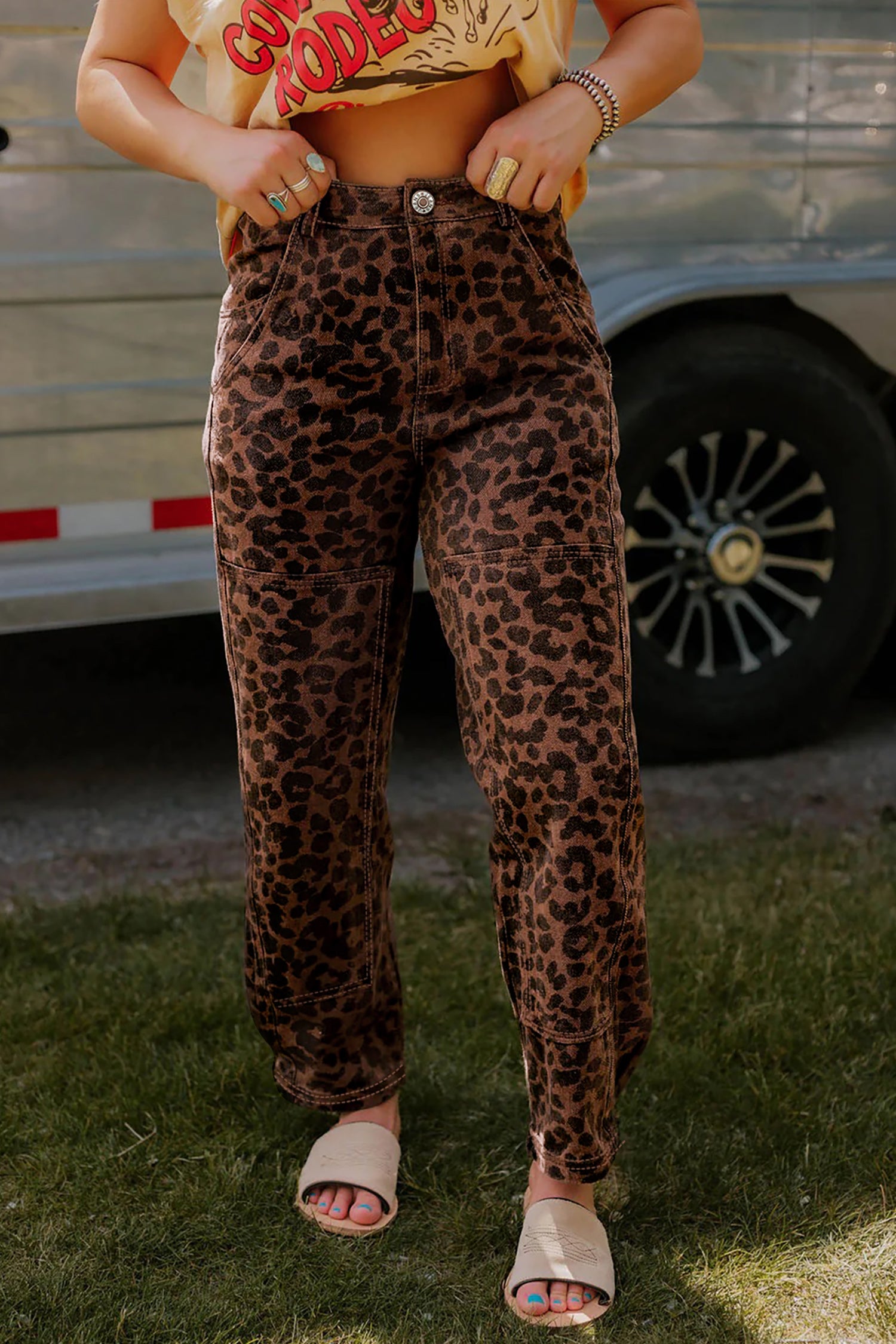 Brown Clear Seam Detail Patchwork Leopard Print Barrel Jeans - Damesmode Afbeelding 1