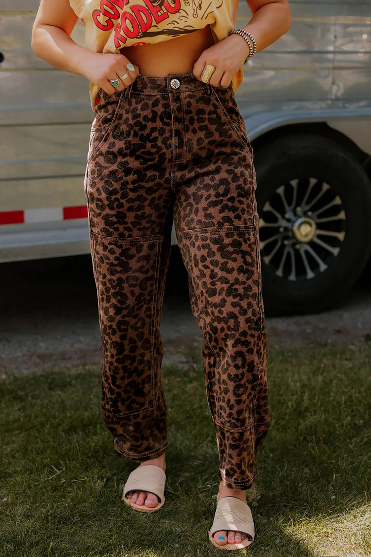Brown Clear Seam Detail Patchwork Leopard Print Barrel Jeans - Damesmode Afbeelding 1 - Damesmode