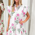 Weißes Wild-Blumenmuster-Minikleid mit Wellenbestickung und V-Ausschnitt mit tiefer Taille - Foto 3