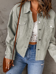 Sky Blue Raw Hem Flap Pockets Cropped Corduroy Jacket - Miniatuur