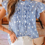 Camisa de manga plissada com folhos com riscas azul celeste, riscas contrastadas e bolinhas
