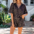 Brown V Neck Collar Leopard Printed 2pcs Short Set - Foto 1