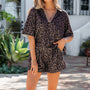 Brun V-hals Leopardtryckt 2-delad kort set