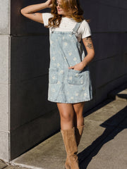 Sky Blue Retro Wash Denim Floral Print Overall Mini Dress - Miniatuur