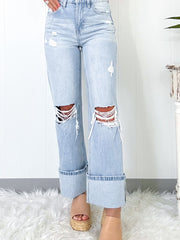 Beau Blue Light Wash Distressed Straight Jeans – Damenmode Bild 3 - Miniatuur