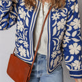 Blue Flower Print Open Front Buttoned Cuffs Elegant Jacket - Damesmode Afbeelding 5 - Foto 5