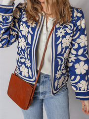 Blauer Blumenmuster Offene Vorderseite mit Knöpfen Elegante Jacke – Damesmode Afbeelding 5 - Miniatuur
