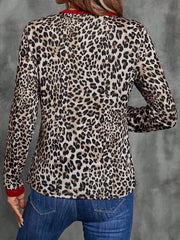 Brown Leopard Print Contrast Trim Round Neck Long Sleeve Top - Women's Fashion Image 2 - Miniatuur