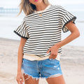 Black Stripe Scallop Lace Trim Ruffle Short Sleeves Crewneck Top - Damesmode Afbeelding 1 - Foto 1