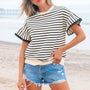 Black Stripe Scallop with Lace Trim with Ruffles Short Sleeves Crewneck Top