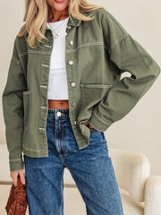 Smoke Green Patched Pocket Collared Button Front Boyfriend Denim Jacket - Miniatuur