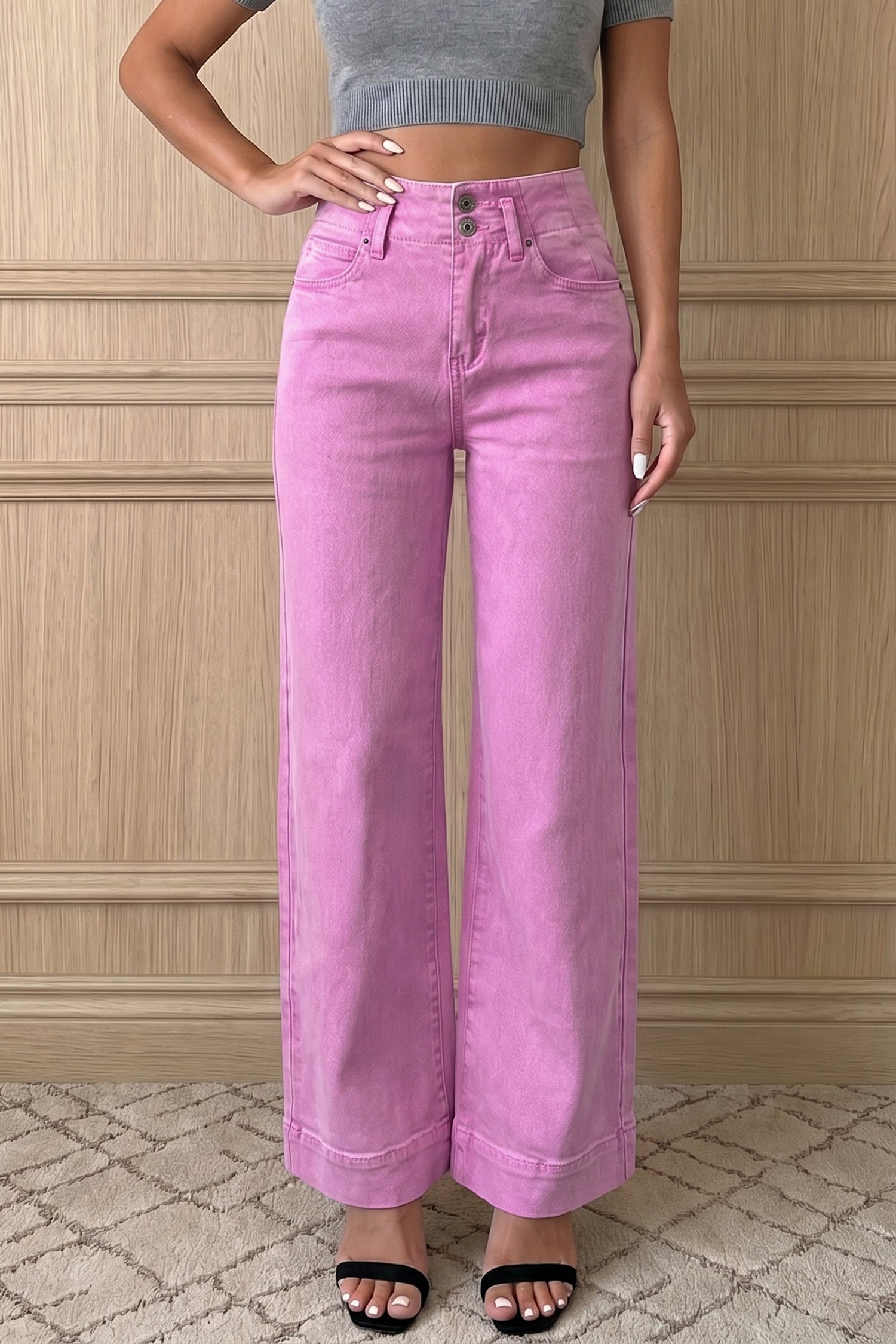 Jeans Mist Green a 2 bottoni a vita alta e gamba larga