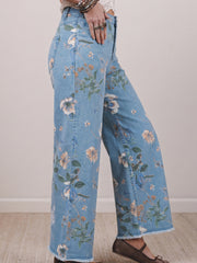 Sky Blue Retro Floral Print Frayed Hem Shift Jeans - Miniatuur
