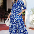 Blue Wild Floral Print Frilled Collar Half Sleeve Long Dress - Damesmode Afbeelding 5 - Foto 5