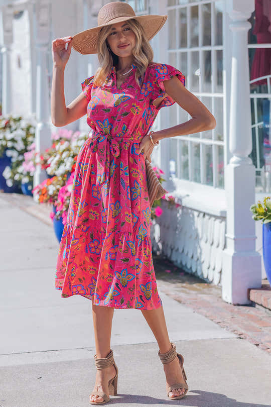 Vestido Longo Floral com Mangas Esvoaçantes Rosa