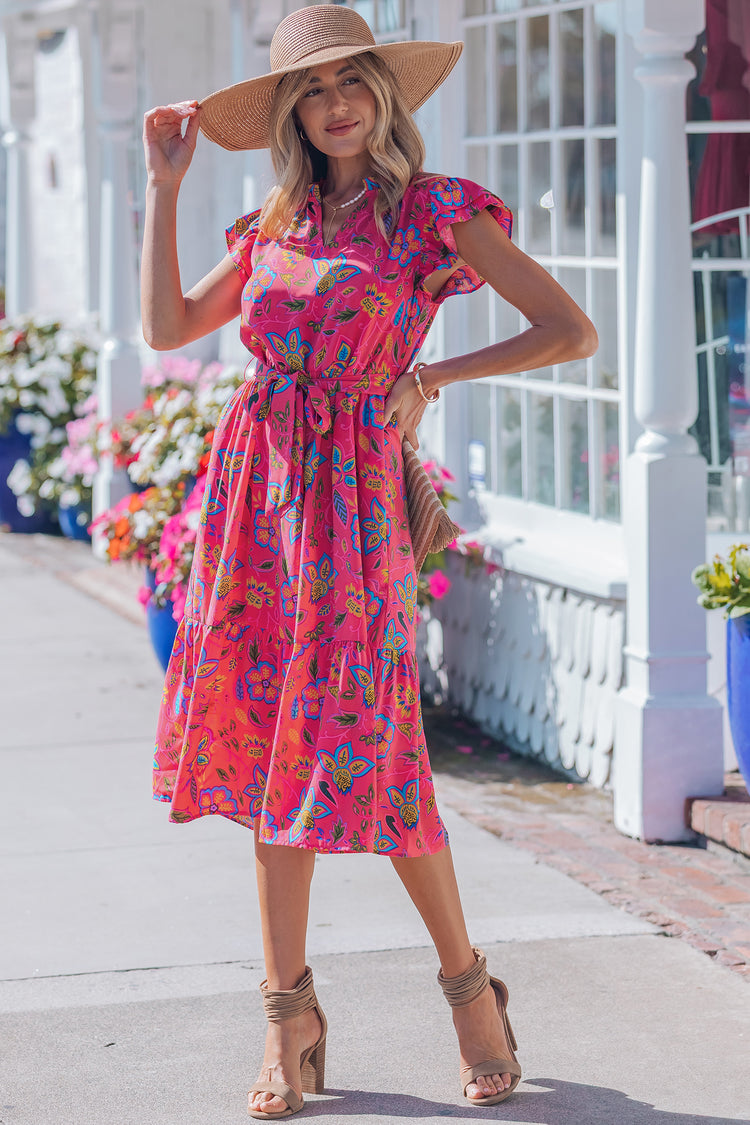 Rose Flutter-Ärmel, gebeltetes Blumen-Langkleid - Damesmode