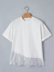 Vit asymmetrisk spetsfåll-patchwork-t-shirt - Miniatuur