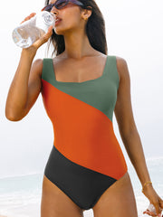 Duffel Green Color Block Padded Square Neck One Piece Swimsuit - Miniatuur