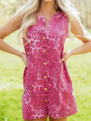 Pink Leopard Denim Skjorteknap ærmeløs kjole - Miniatuur