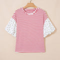 Red Stripe Floral Puff Sleeve Patchwork Round Neck Loose Top - Foto 4
