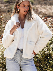 Beige Faux Fur Button Pocketed Lapel Collar Jacket - Damesmode Afbeelding 1 - Miniatuur