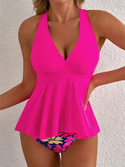 Ensemble tankini rose à bas floral à ourlet à volants - Miniatuur