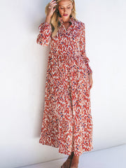 Orange Abstract Print V Neck Pleated High Waist Midi Dress - Miniatuur