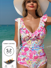 Costume da bagno con rifiniture rosa a vol, scollo a V con lacci posteriori e controllo della pancia, costume unico - Miniatuur