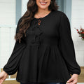 Black Solid Color Bow Tie Front Long Sleeve Plus Size Peplum Blouse - Damesmode Afbeelding 4 - Foto 4
