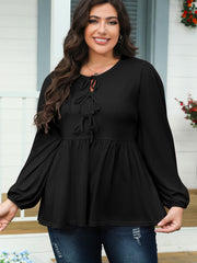 Black Solid Color Bow Tie Front Long Sleeve Plus Size Peplum Blouse - Damesmode Afbeelding 4 - Miniatuur