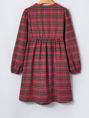 Red Plaid Tie Front Long Sleeve Short Shift Dress - Miniatuur