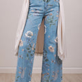Himmelblo retro Blummenmuster mat ausgefranstem Saum Shift-Jeans - Foto 1