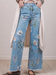Sky Blue Retro Floral Print Frayed Hem Shift Jeans - Miniatuur
