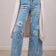 Himmelblo retro Blummenmuster mat ausgefranstem Saum Shift-Jeans