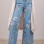 Sky Blue Retro Floral Print Frayed Hem Shift Jeans