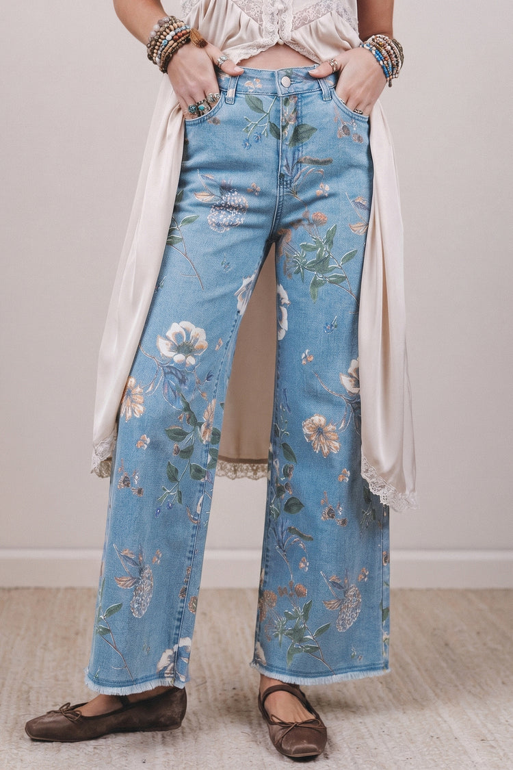 Himmelblo retro Blummenmuster mat ausgefranstem Saum Shift-Jeans - Damesmode