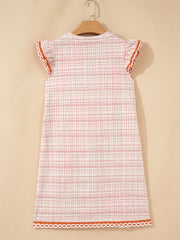 Weißes Jacquard-strukturiertes Kontrast-Trim-Kurzärmel-Quasten-Krawatten-Shift-Kleid - Miniatuur