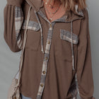 Brown Plaid Patchwork Button Down Drawstring Hooded Shacket - Damesmode Afbeelding 3 - Thumbnail