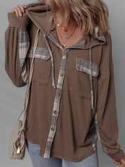Brown Plaid Patchwork Button Down Drawstring Hooded Shacket - Damesmode Afbeelding 3 - Miniatuur