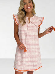 Weißes Jacquard-strukturiertes Kontrast-Trim-Kurzärmel-Quasten-Krawatten-Shift-Kleid - Miniatuur