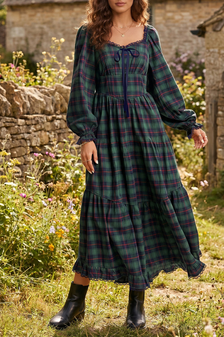 Green Vintage Plaid Square Neck Lace Trim Long Sleeve Shift Dress - Damesmode